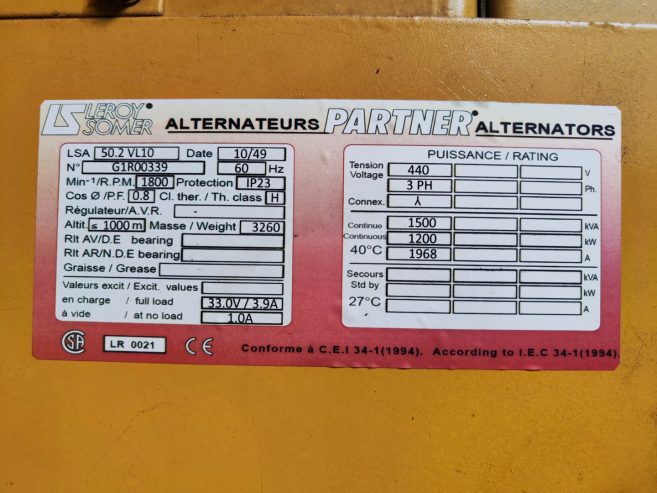 1500kVA Cummins KTA50-G2 Generator Set @ 16CU1500